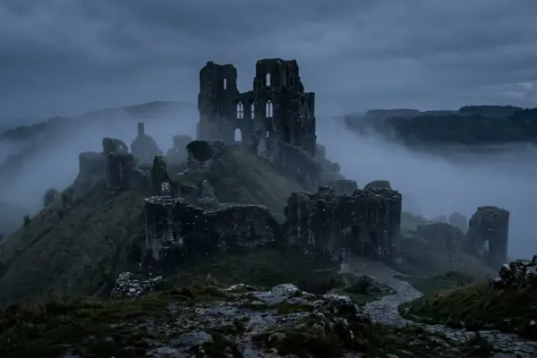 Foggy ruined gothic castle