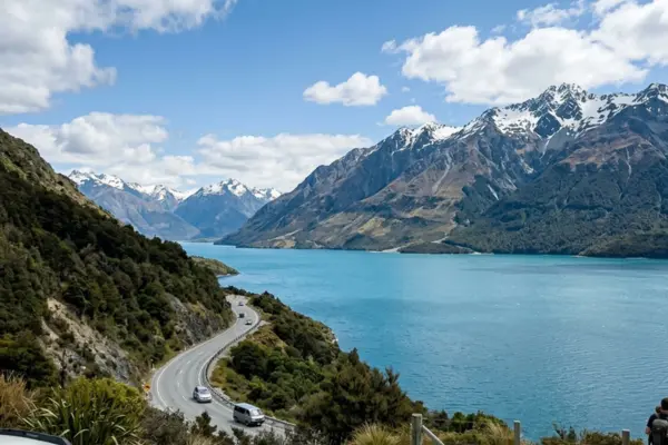 Scenic drive along Glenorchy Road beside Lake Wakatipu near Queenstown