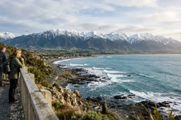 Coastal view of Kaikoura, New Zealand with the Seaward Kaikōura mountain range behind the shoreline