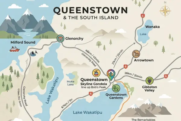 Illustrated map showing the main attractions and day trip locations around Queenstown New Zealand