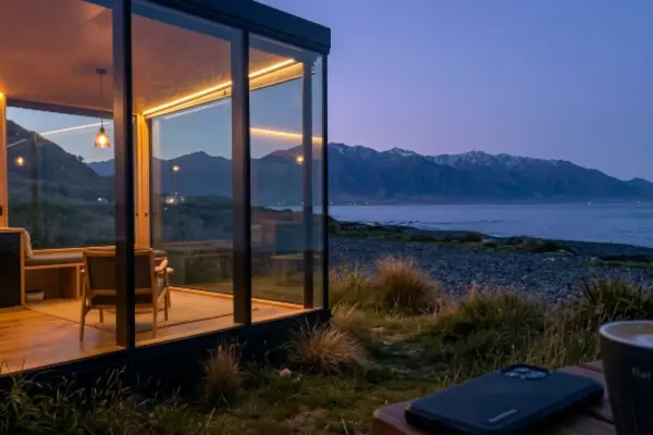 Glass-walled eco cabin accommodation near Kaikoura, New Zealand